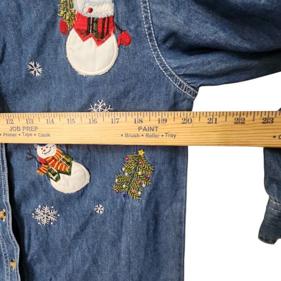 VTG 90S CHRISTMAS SHIRT DENIM EMBROIDERED SNOWMAN VELVET COLLAR GRANDMACORE SZ M - Picture 8 of 9